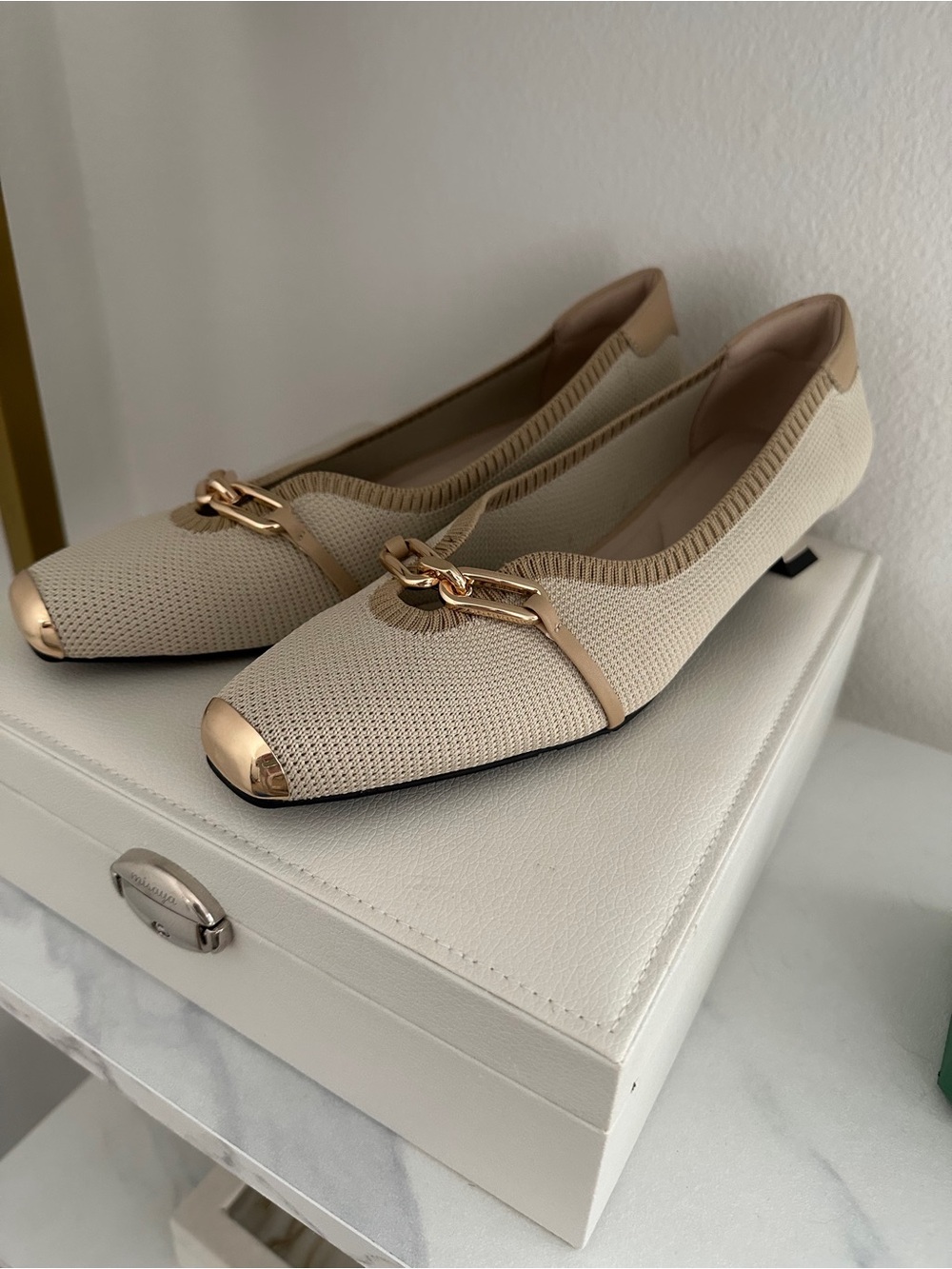 Pointed-Toe Flats in Beige & Gold Like New